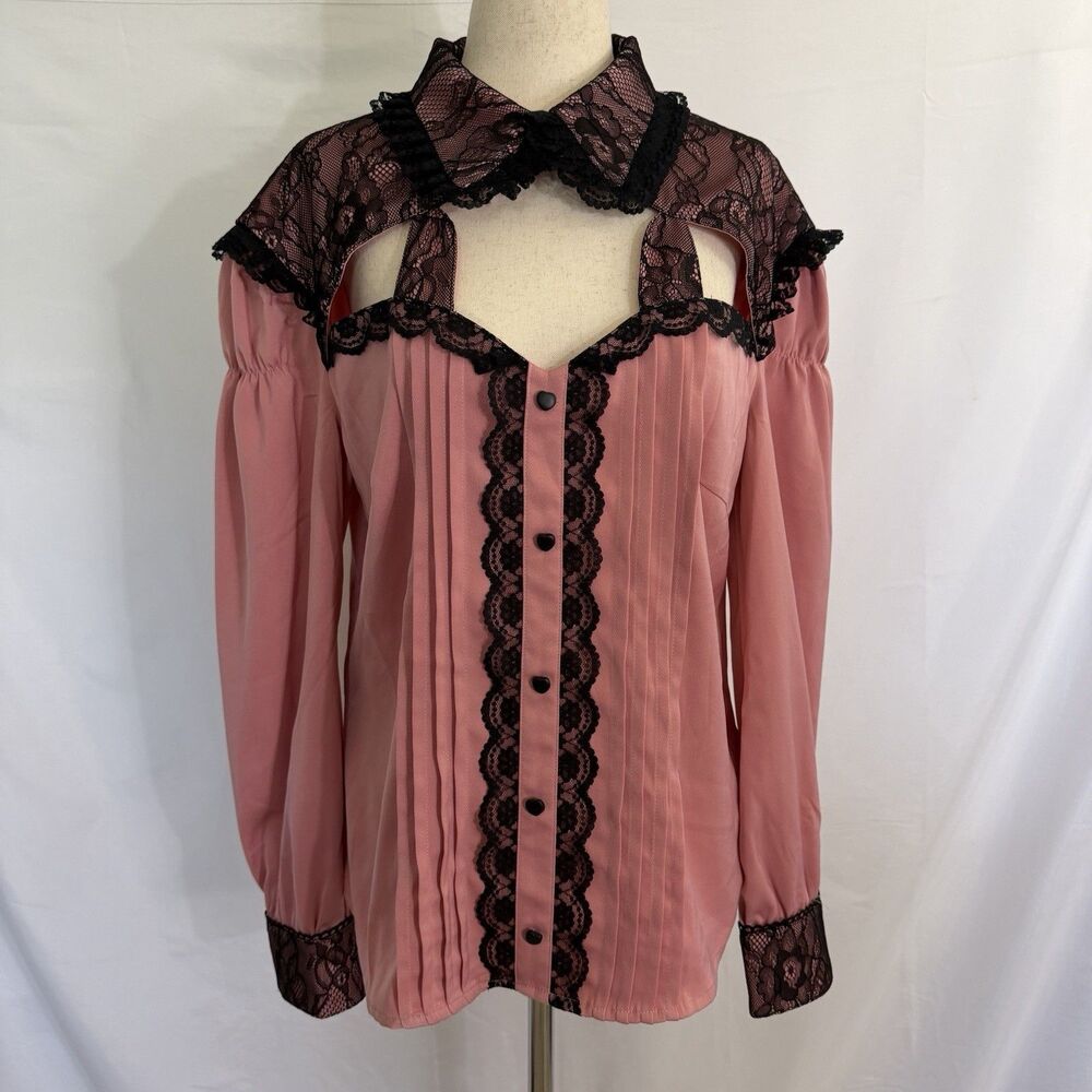 Mochipan Cottontail Chaos Blouse Lace Trim Top Size LARGE Pink